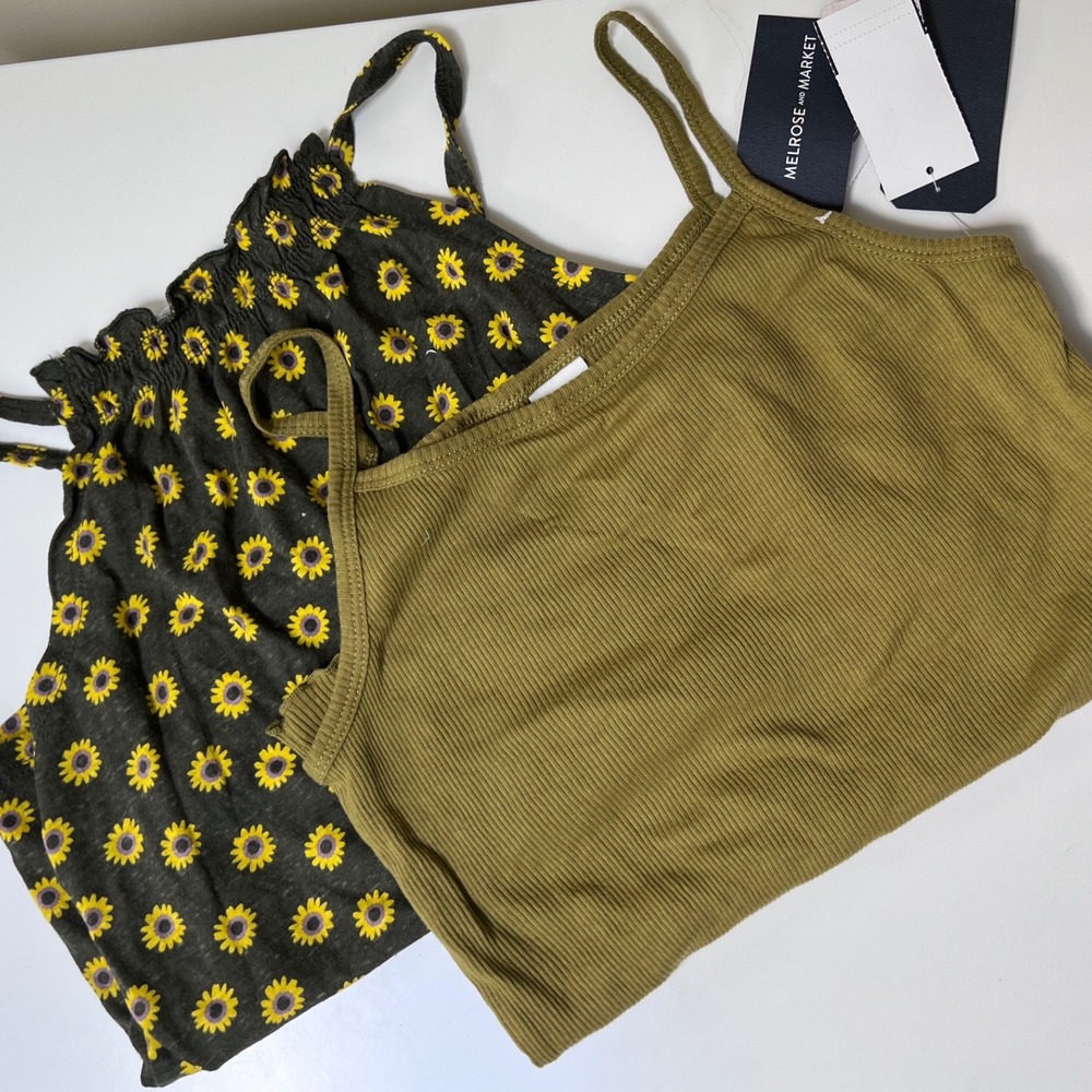 Melrose and Market Girls 2 Pack Tank Tops Sunflower Print Olive Ribbed XL 14/16